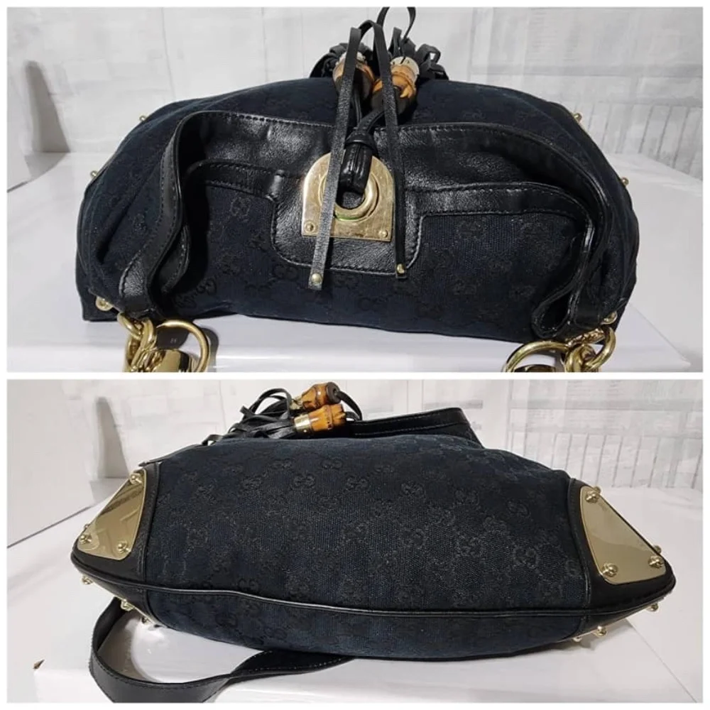 Authentic Gucci GG Canvas and Leather Medium Babouska Indy Hobo Bag Black